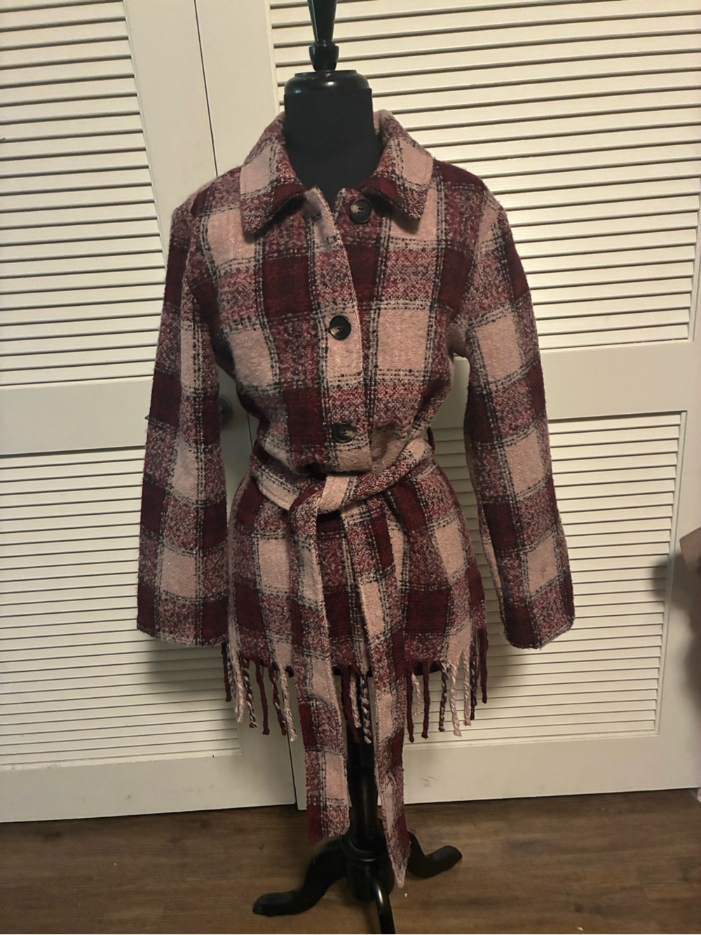 Belle by Kim Gravel Burgundy and Cream Plaid Belted Trench Coat